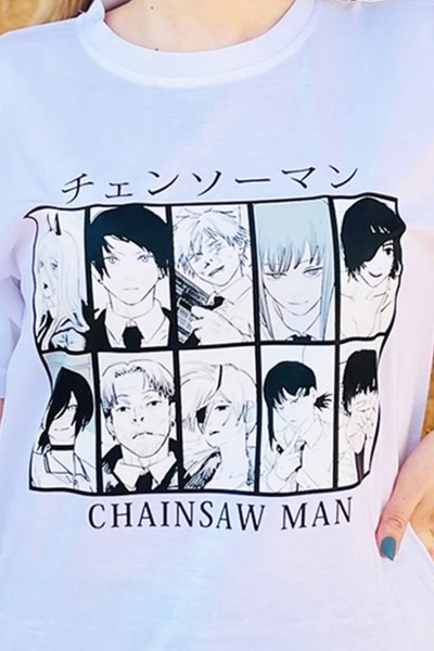 Anime Chainsaw Man Kolaj Unisex Beyaz Tişört