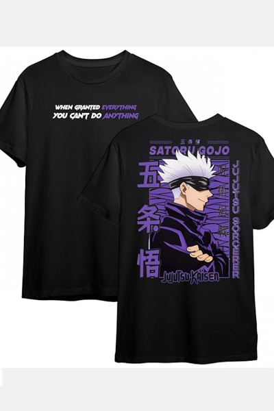 Anime Gojo Satoru Ön Arka Baskılı Siyah T-shirt