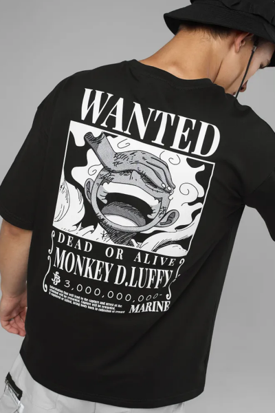 Anime One Piece Luffy Wanted Ön Arka Baskılı T-shirt