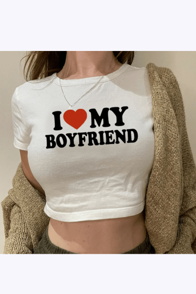 Boyfriend Yazılı Crop Tişört