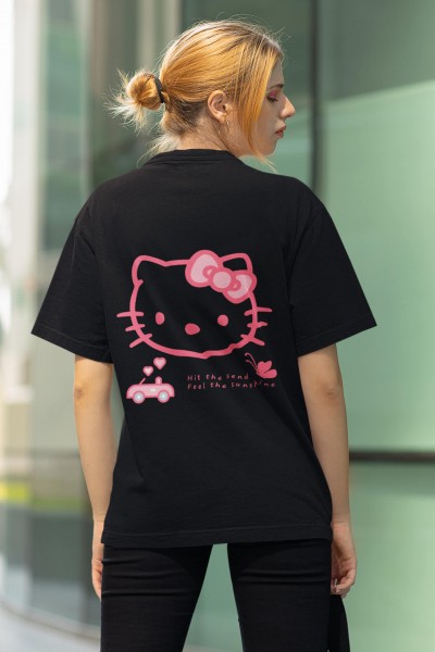Hello Kitty - Ön Arka Baskılı Siyah Tişört