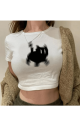 Kedi Tasarım Kore Tarzı Beyaz Crop Bluz