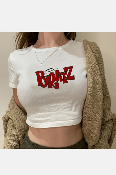Kırmızı Bratz Yazılı Beyaz Crop Tişört