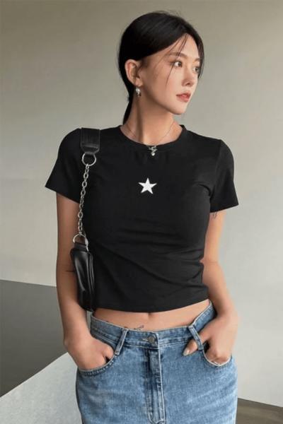 Mini Star Tasarım Siyah Crop Bluz