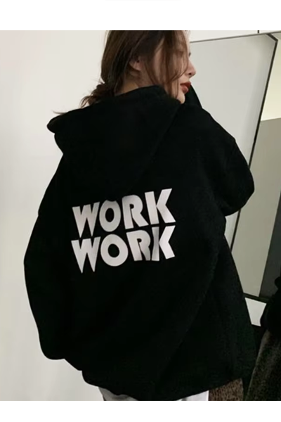 Work Work Arka Baskılı Kapüşonlu Siyah Sweatshirt