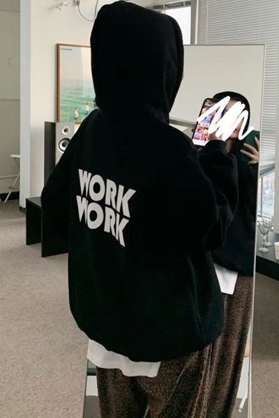 Work Work Arka Baskılı Kapüşonlu Siyah Sweatshirt