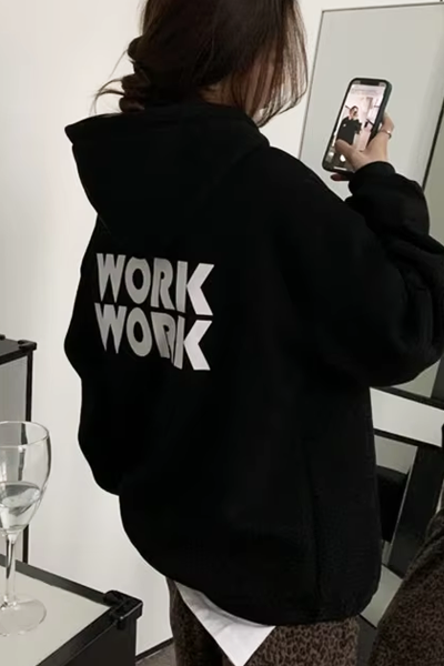 Work Work Arka Baskılı Kapüşonlu Siyah Sweatshirt