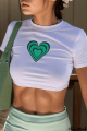 Yeşil Kalp Tasarım Kawaii Tarz Beyaz Crop Top
